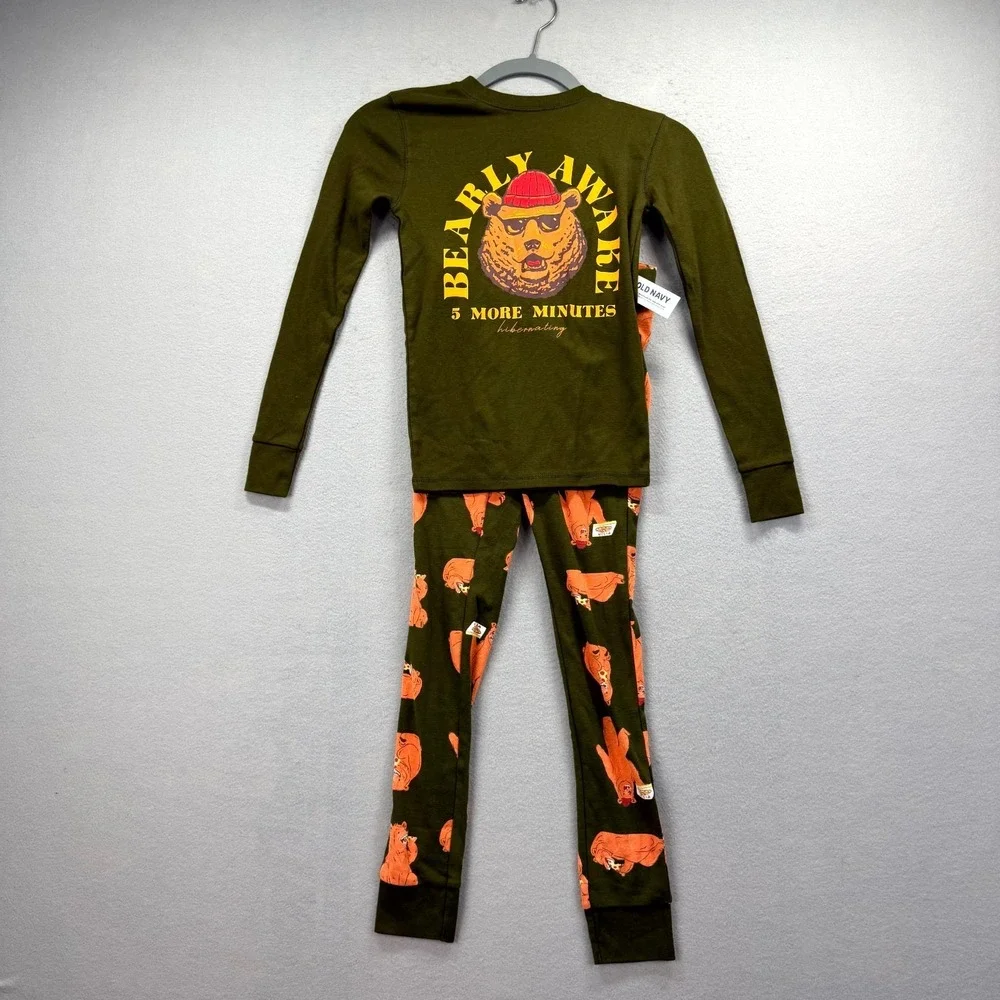 Old Navy 2 Piece Shirt Pants Kids Large (10) Green‎ Bearly Awake PJs Pajamas NEW